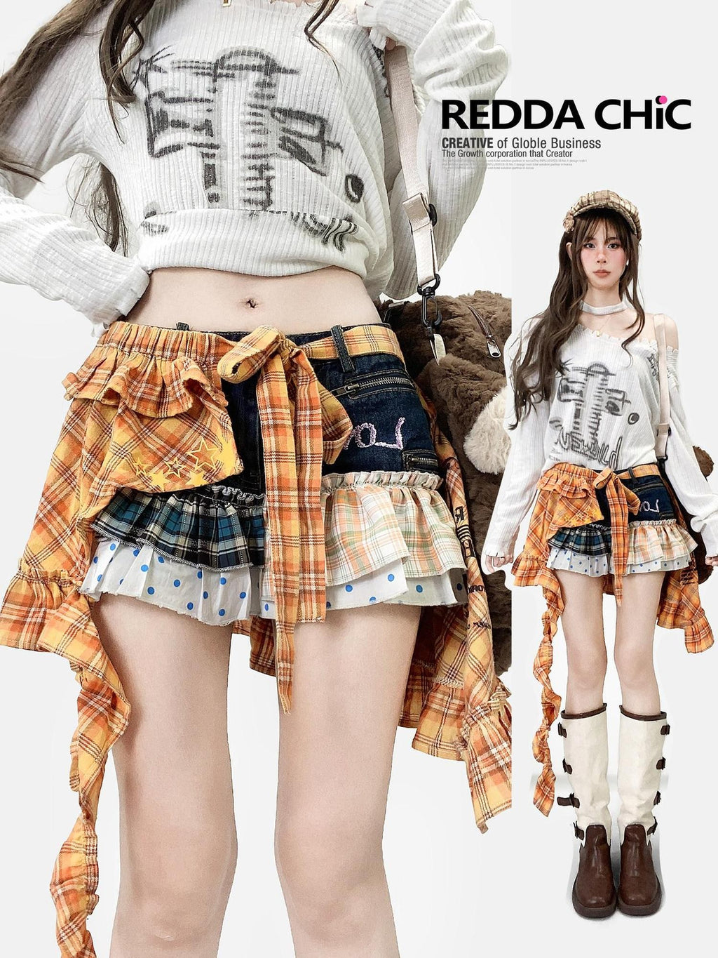 REDDACHIC Y2K Plaid Patchwork Contrast Low Waist A Line Women'S Denim Mini Skirts