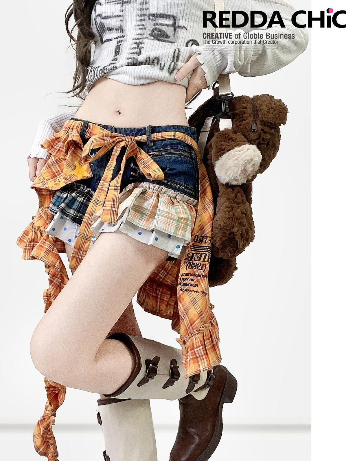 REDDACHIC Y2K Plaid Patchwork Contrast Low Waist A Line Women'S Denim Mini Skirts
