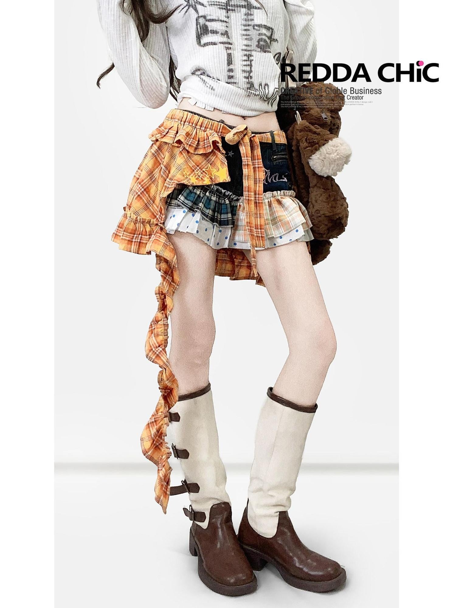REDDACHIC Y2K Plaid Patchwork Contrast Low Waist A Line Women'S Denim Mini Skirts