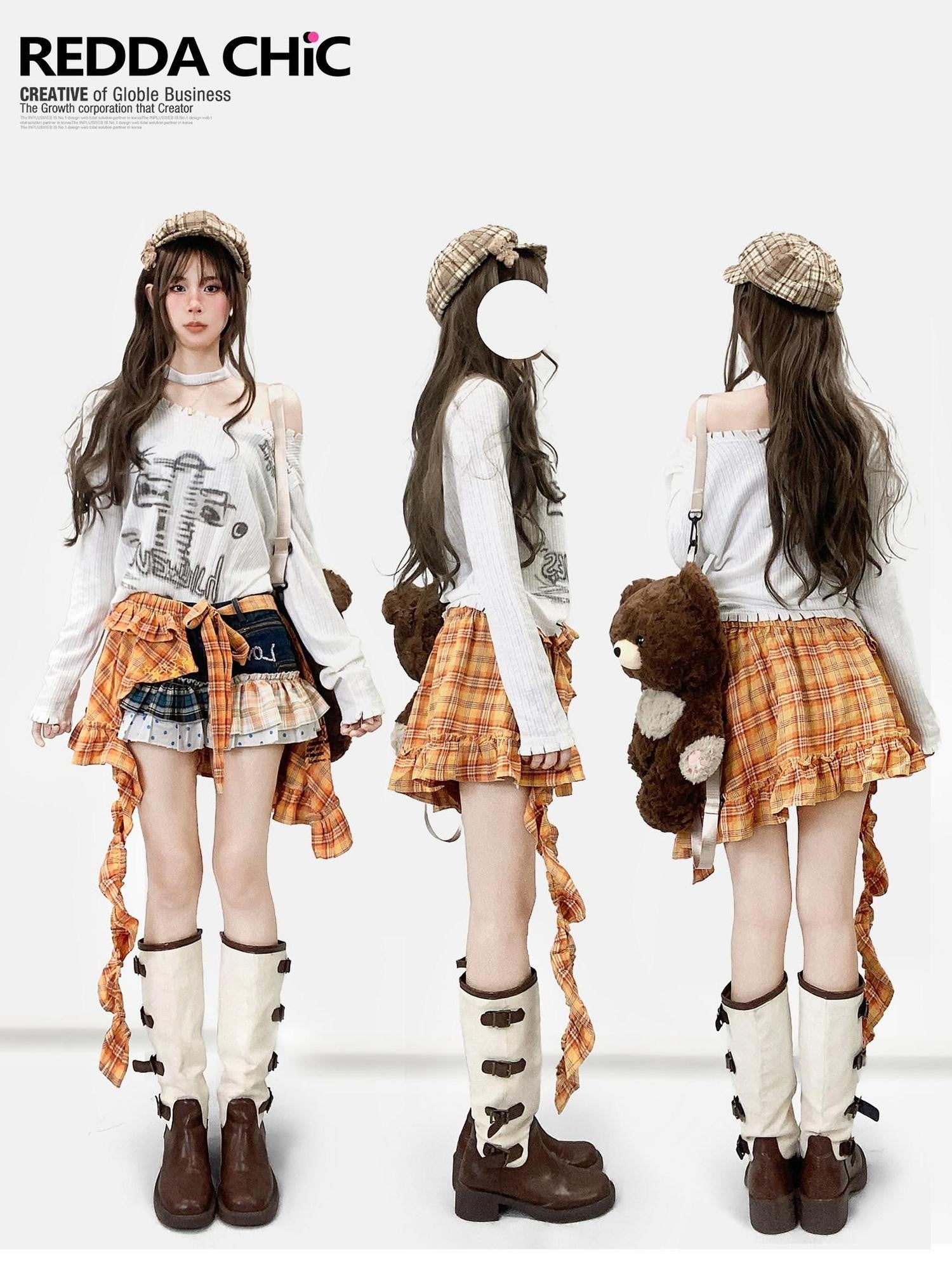 REDDACHIC Y2K Plaid Patchwork Contrast Low Waist A Line Women'S Denim Mini Skirts