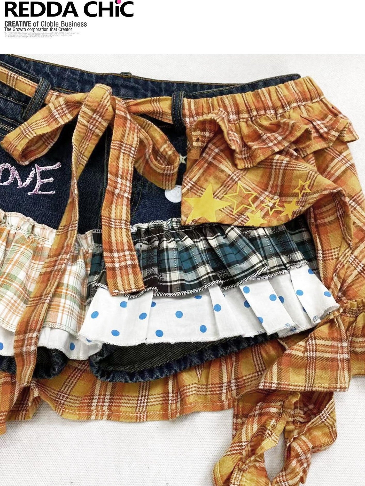 REDDACHIC Y2K Plaid Patchwork Contrast Low Waist A Line Women'S Denim Mini Skirts