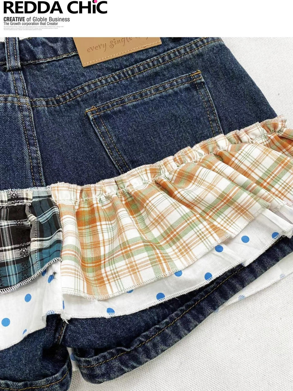 REDDACHIC Y2K Plaid Patchwork Contrast Low Waist A Line Women'S Denim Mini Skirts