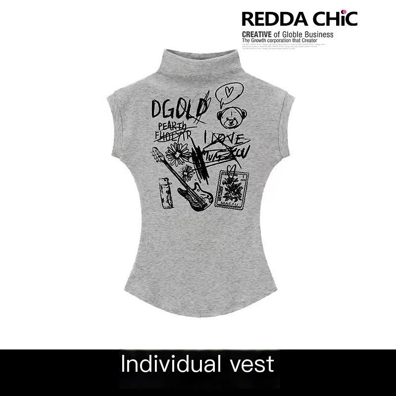 REDDACHIC_Y2K_Retro_Letter_Print_Cropped_High_Neck_Fitted_Women'S_Short_Sleeve_T-Shirts_MISSTT