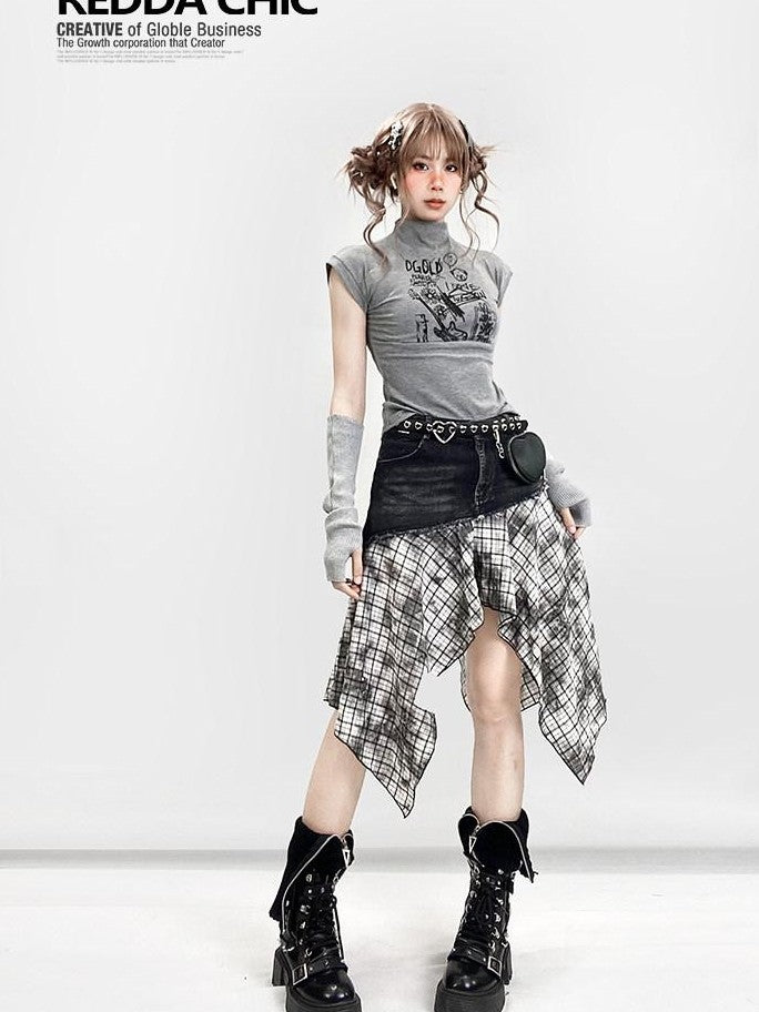 REDDACHIC Y2K Retro Letter Print Cropped High Neck Fitted Women'S Short Sleeve T-Shirts