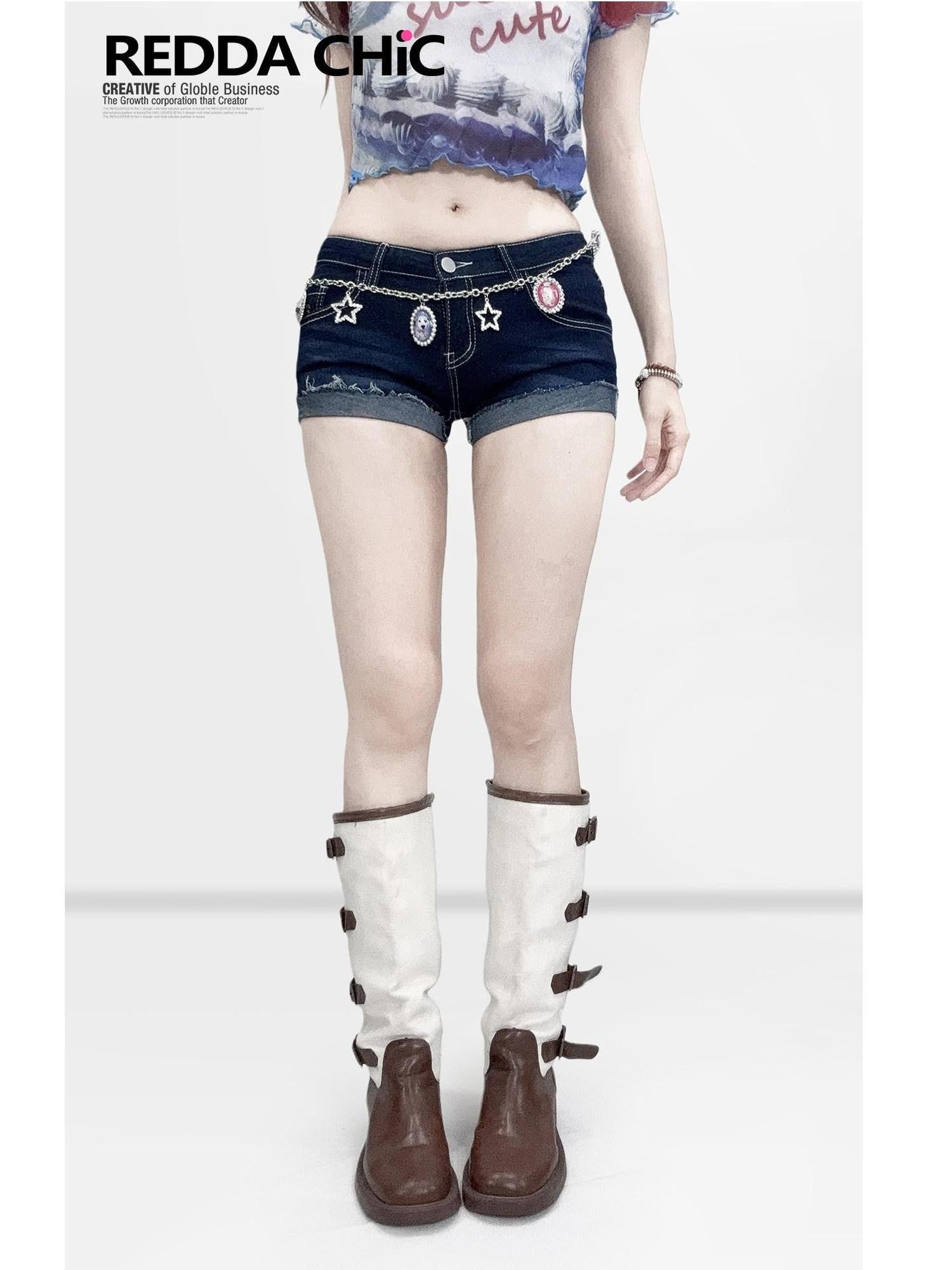REDDACHIC Y2K Retro Low Rise Ultra Short Slim Straight Women'S Denim Shorts