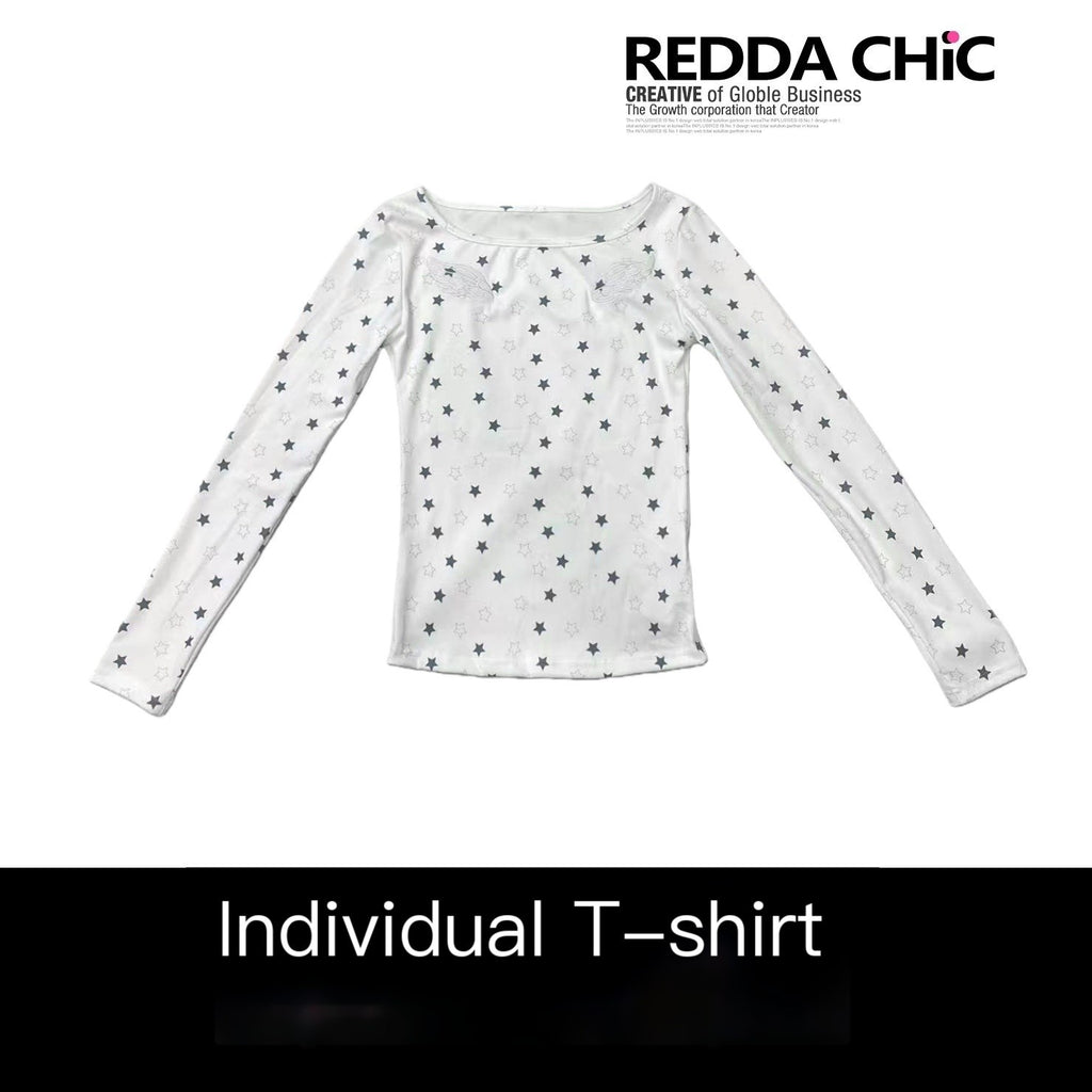 REDDACHIC_Y2K_Star_Printed_Slim_Fit_Women'S_White_Long_Sleeve_T-Shirts_MISSTT