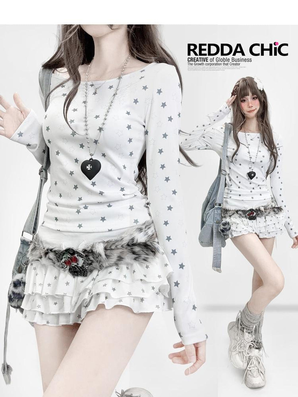 REDDACHIC Y2K Star Printed Slim Fit Women'S White Long Sleeve T-Shirts