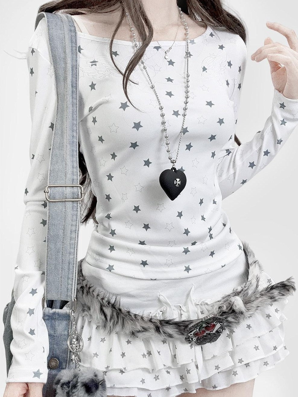REDDACHIC Y2K Star Printed Slim Fit Women'S White Long Sleeve T-Shirts