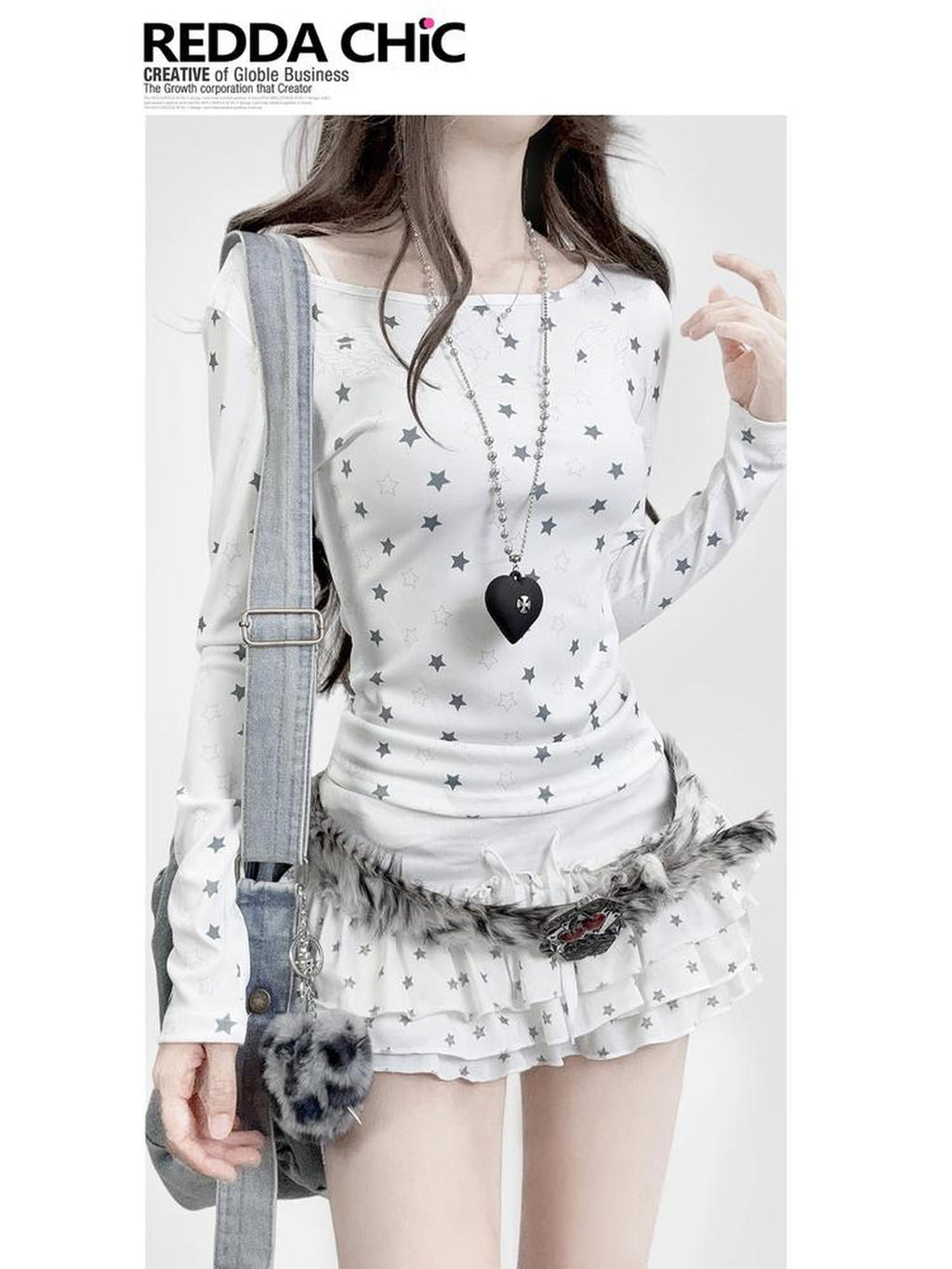 REDDACHIC Y2K Star Printed Slim Fit Women'S White Long Sleeve T-Shirts