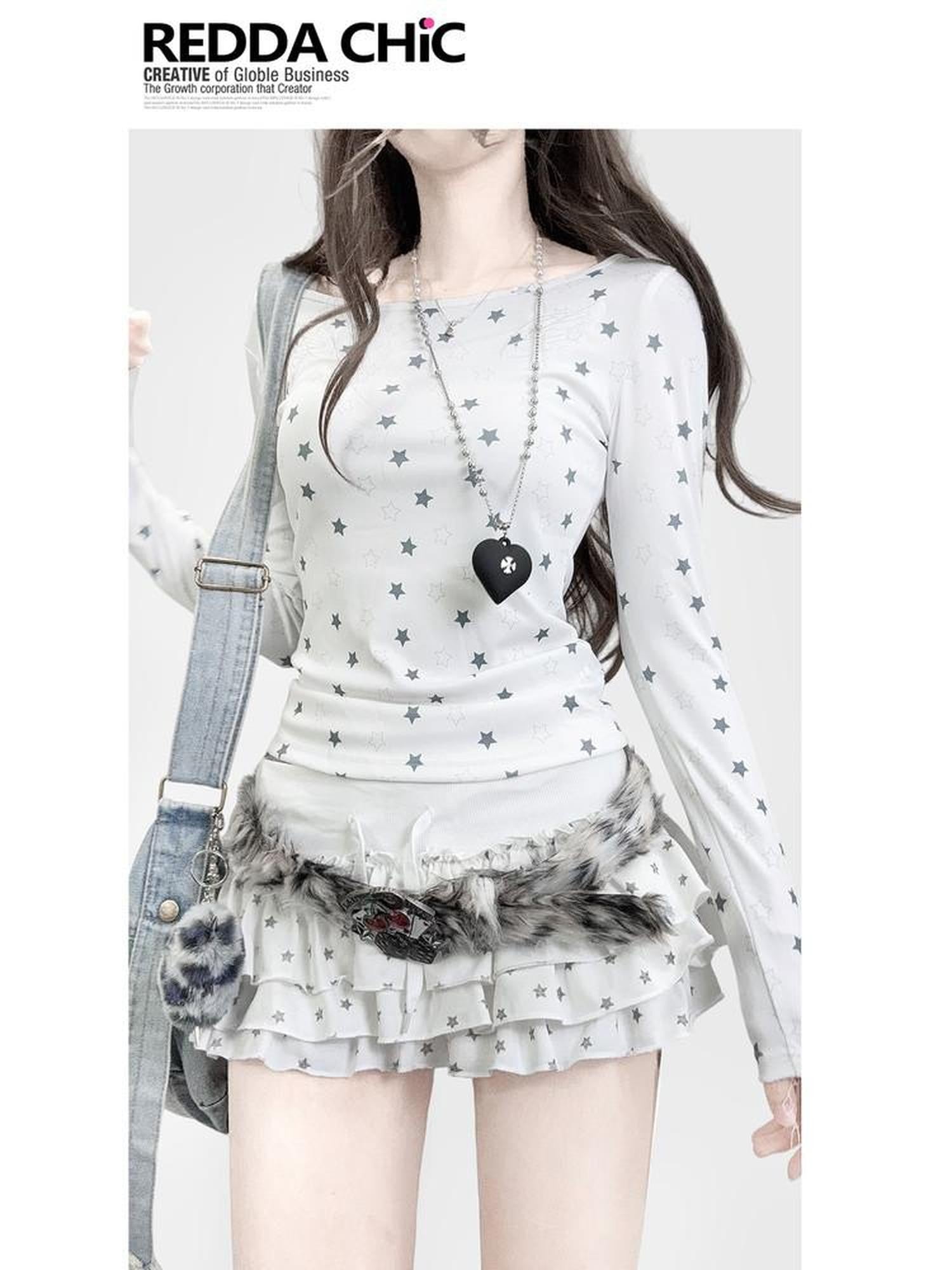REDDACHIC Y2K Star Printed Slim Fit Women'S White Long Sleeve T-Shirts