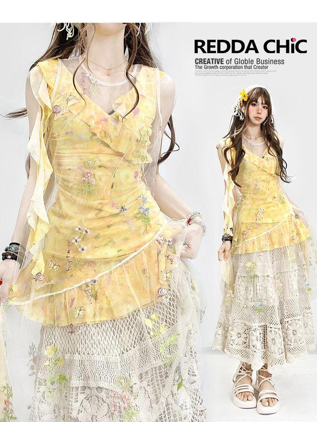 REDDACHIC Yellow Floral Layered Asymmetric Spaghetti Strap Women'S Tulle Midi Dresses