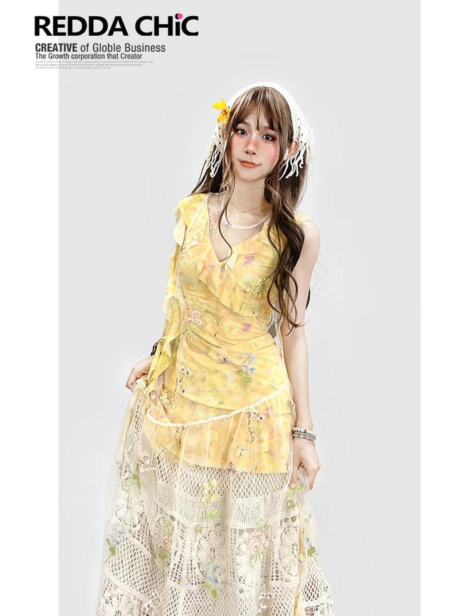 REDDACHIC Yellow Floral Layered Asymmetric Spaghetti Strap Women'S Tulle Midi Dresses