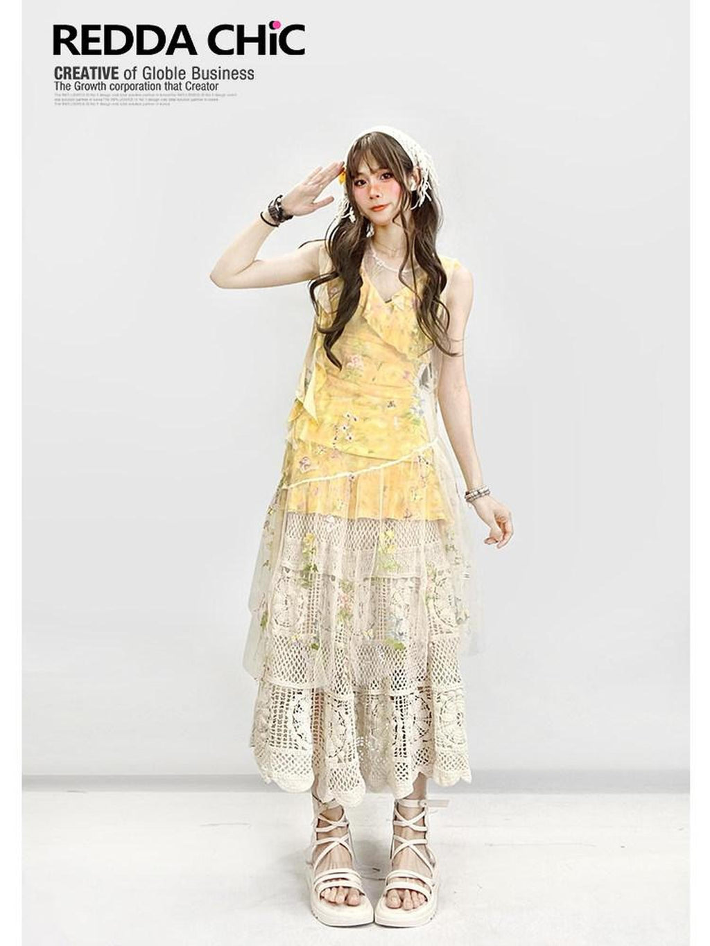 REDDACHIC Yellow Floral Layered Asymmetric Spaghetti Strap Women'S Tulle Midi Dresses