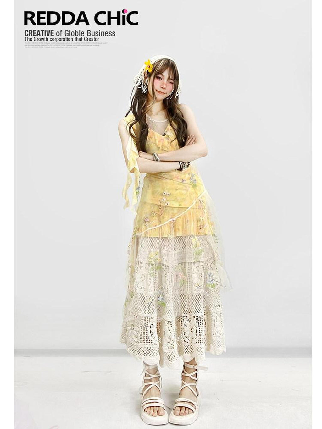 REDDACHIC Yellow Floral Layered Asymmetric Spaghetti Strap Women'S Tulle Midi Dresses