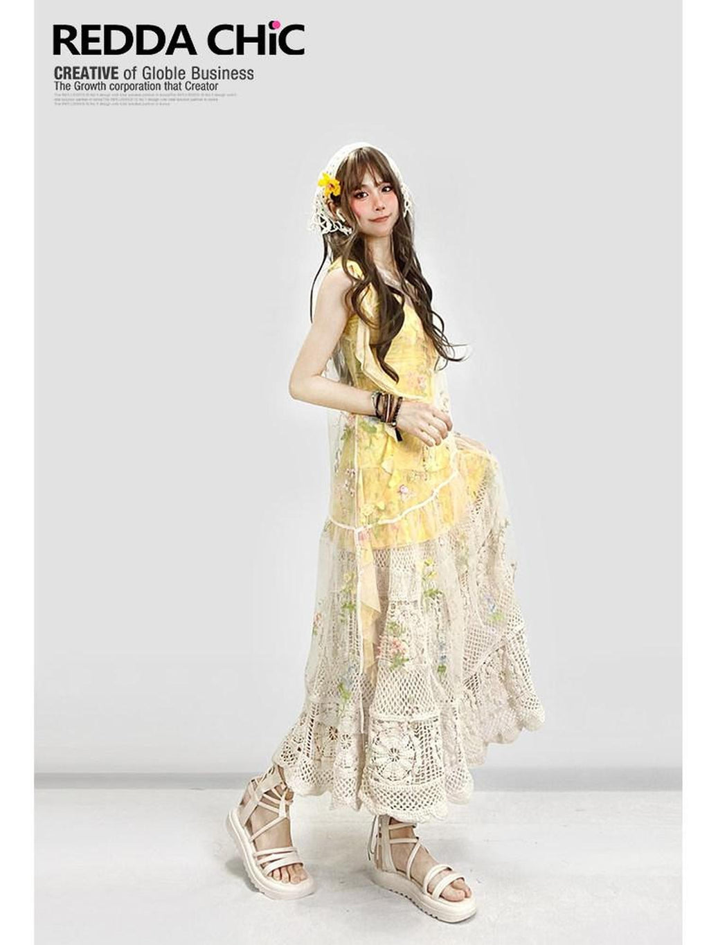 REDDACHIC Yellow Floral Layered Asymmetric Spaghetti Strap Women'S Tulle Midi Dresses