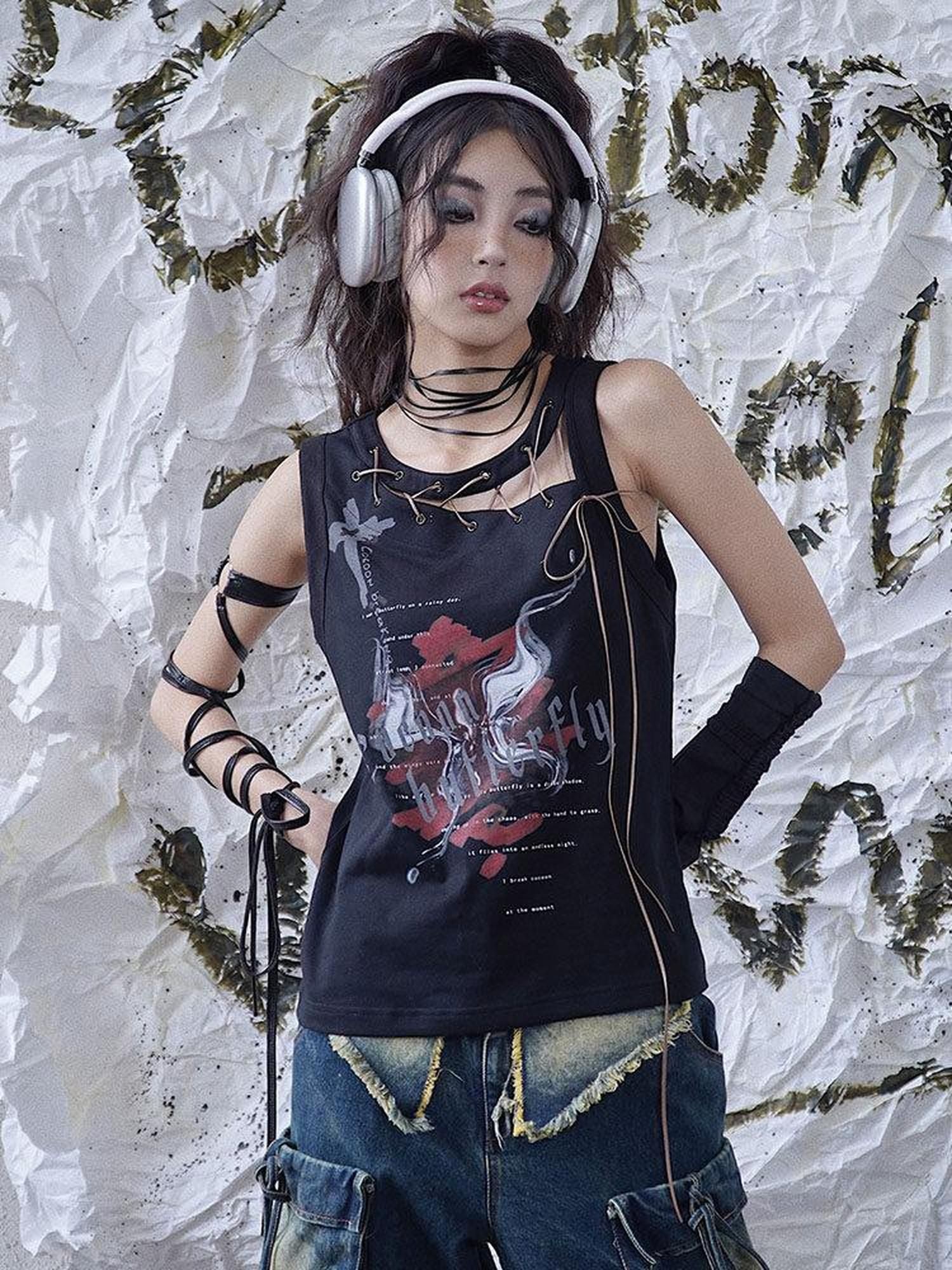 WSW 100 Percent Cotton Black Edgy Crew Neck Sleeveless Regular One Size Tank Tops