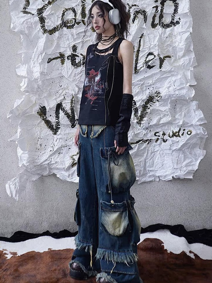 WSW 100 Percent Cotton Black Edgy Crew Neck Sleeveless Regular One Size Tank Tops