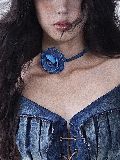 WSW Affordable Hip Hop Cross Chain Unisex Plant Motif Denim Blue Necklaces
