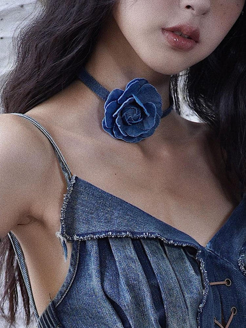 WSW Affordable Hip Hop Cross Chain Unisex Plant Motif Denim Blue Necklaces