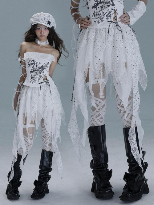 WSW Asymmetric Tie Patchwork Mid Waist White Women Polyester Midi Skirts