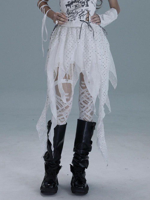 WSW Asymmetric Tie Patchwork Mid Waist White Women Polyester Midi Skirts