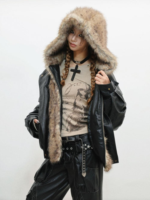WSW Black Hooded Oversized Street Style Zipper Long Sleeve Women Leather Jackets