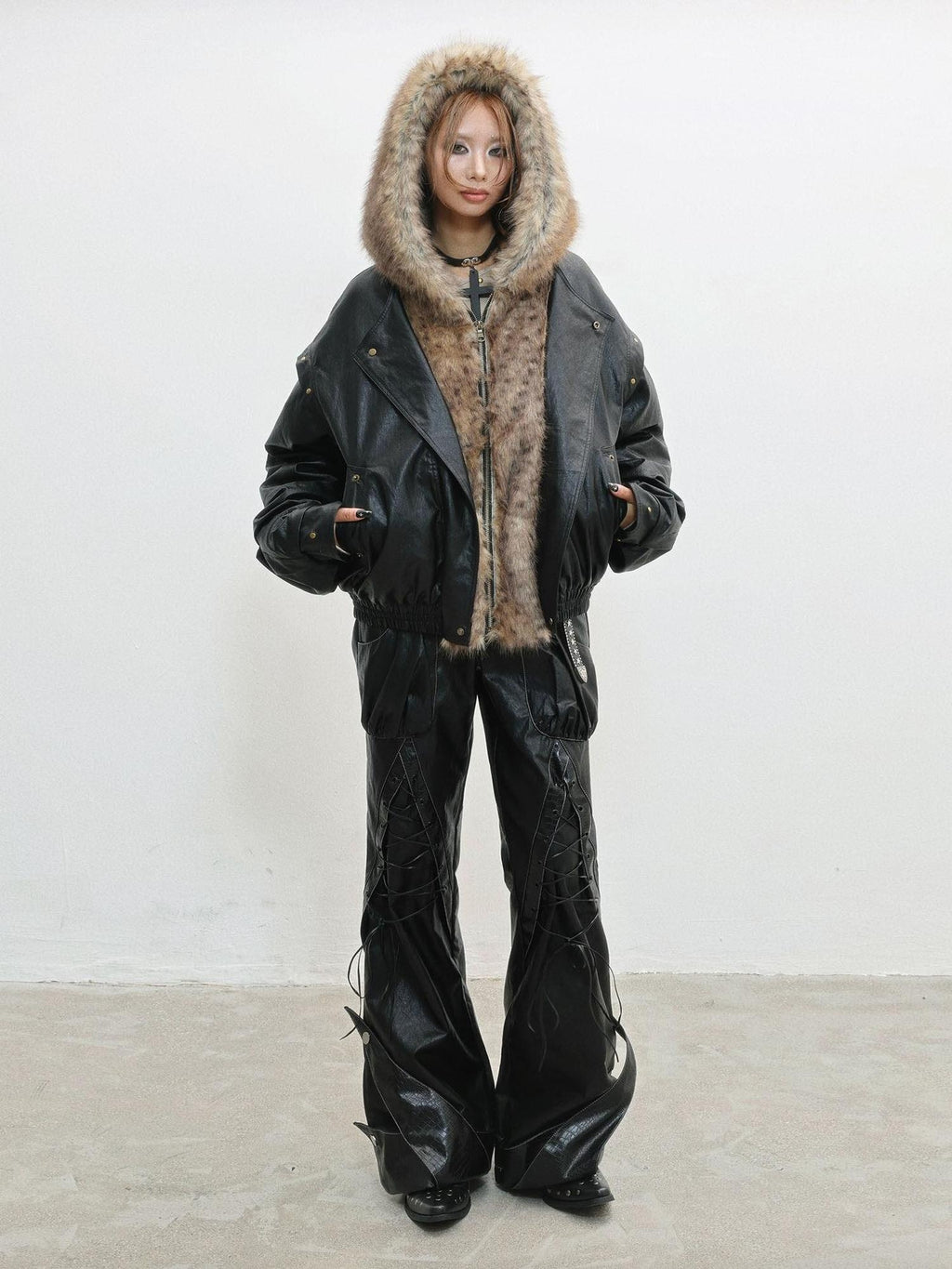 WSW Black Hooded Oversized Street Style Zipper Long Sleeve Women Leather Jackets
