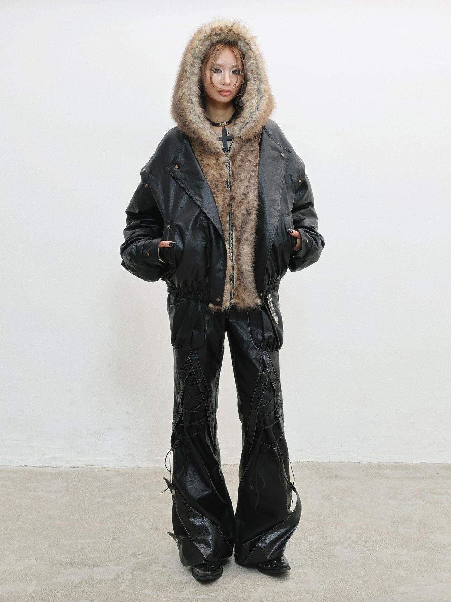 WSW Black Hooded Oversized Street Style Zipper Long Sleeve Women Leather Jackets