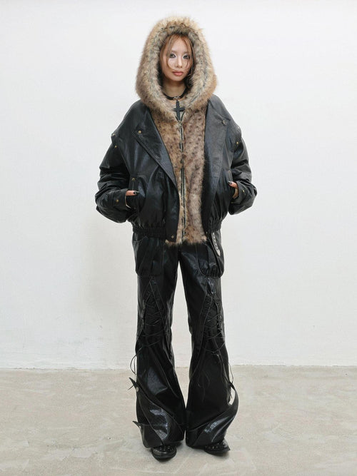 WSW Black Hooded Oversized Street Style Zipper Long Sleeve Women Leather Jackets