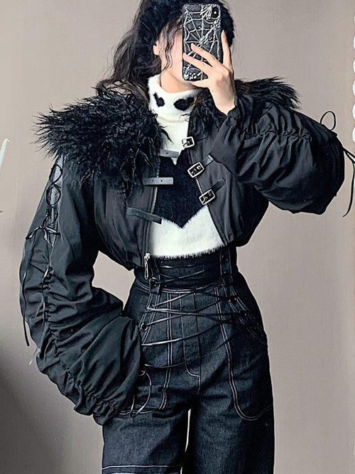 WSW Black Zippered Oversized Streetwear Long Sleeve Unique Collar Cropped Jackets