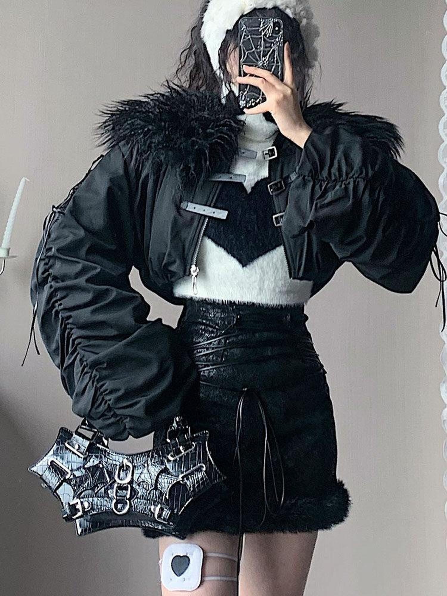 WSW Black Zippered Oversized Streetwear Long Sleeve Unique Collar Cropped Jackets