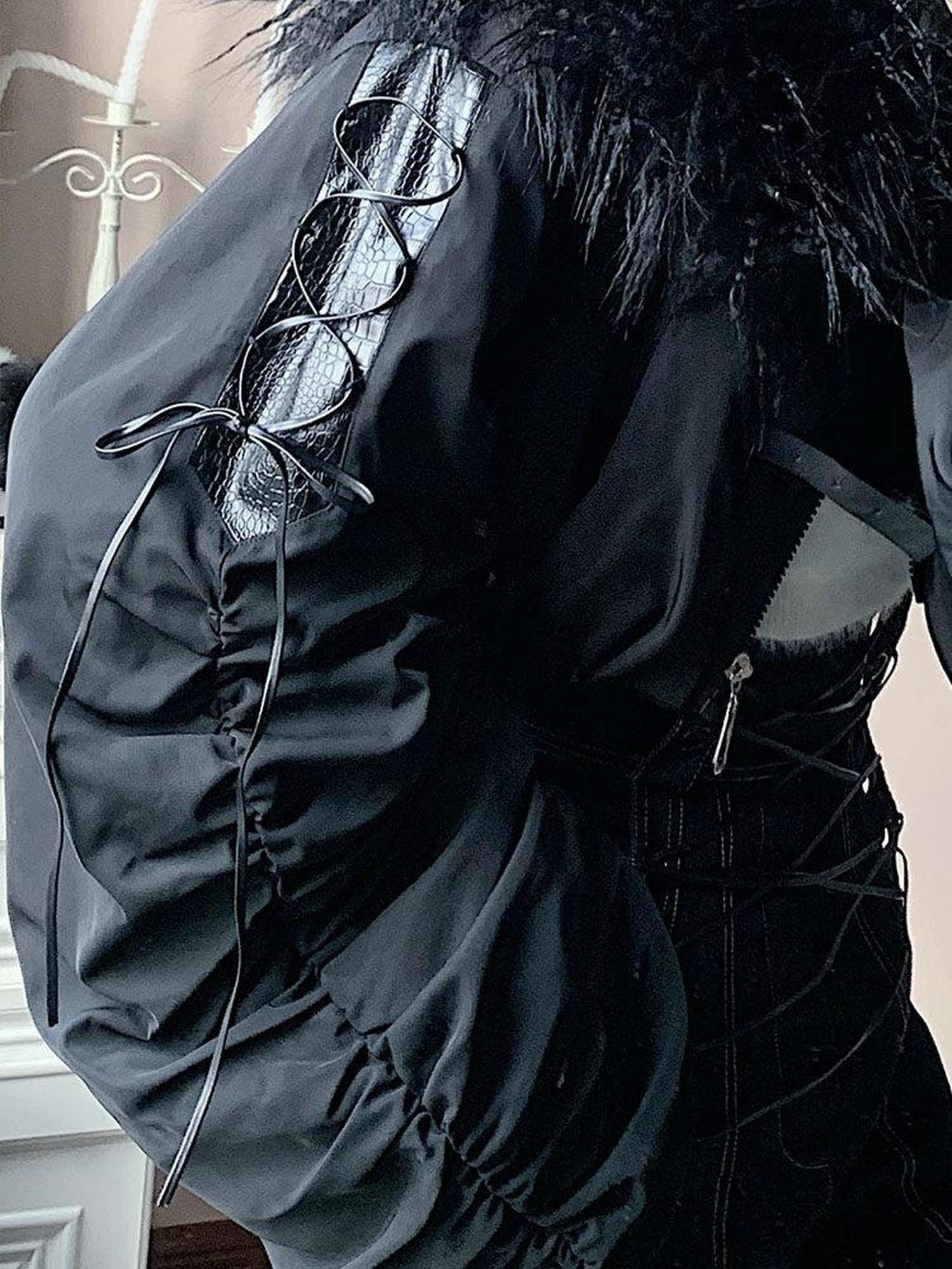WSW Black Zippered Oversized Streetwear Long Sleeve Unique Collar Cropped Jackets