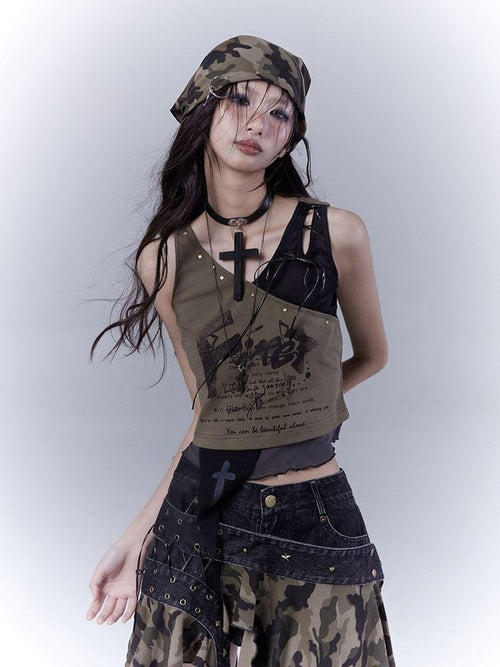 WSW Breathable Cotton Blend Original Cropped Printed Women Army Green Tank Tops
