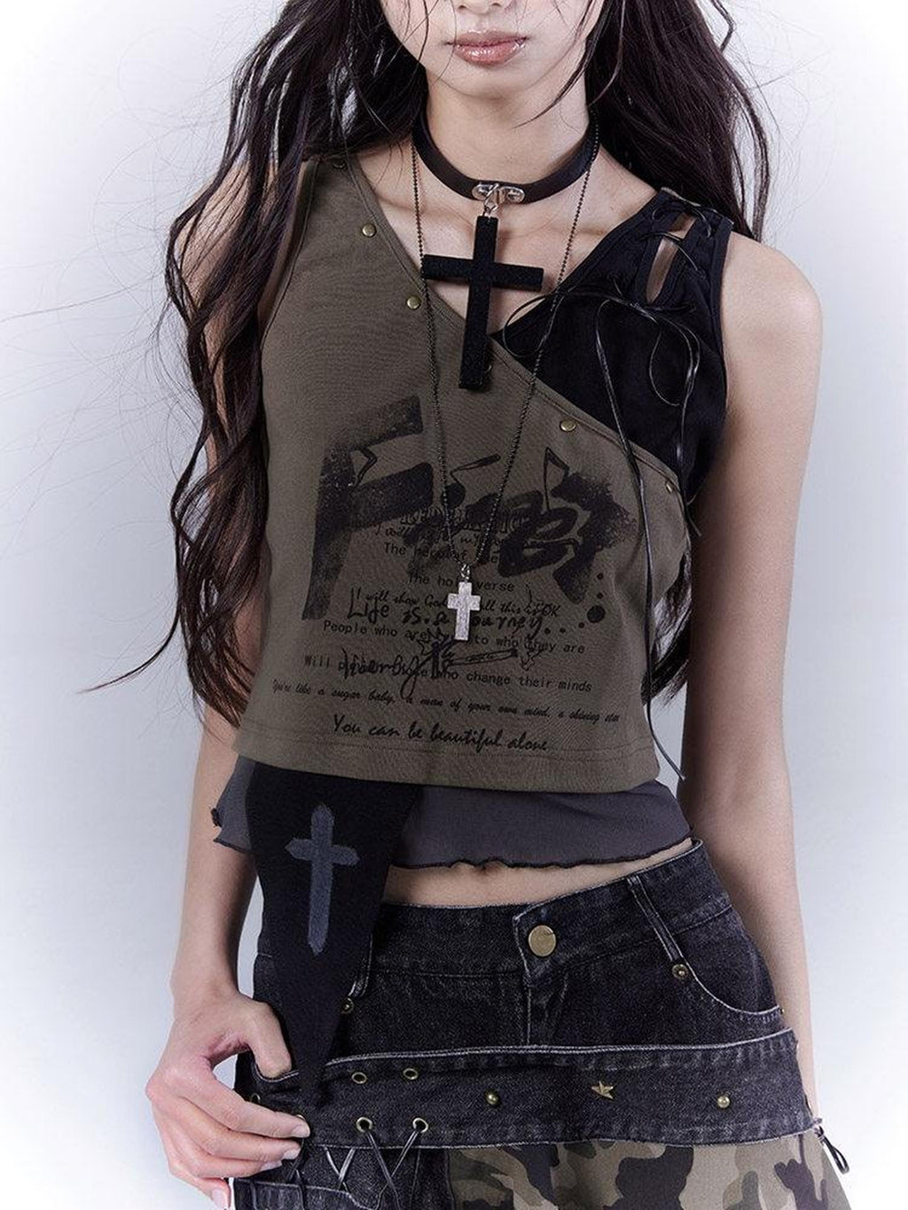 WSW Breathable Cotton Blend Original Cropped Printed Women Army Green Tank Tops