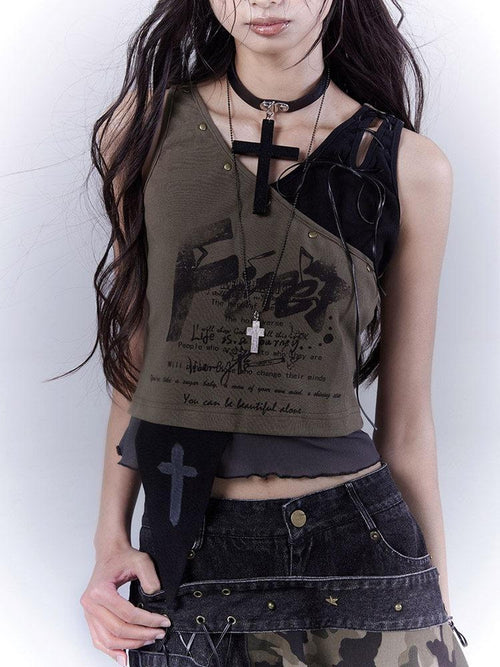WSW Breathable Cotton Blend Original Cropped Printed Women Army Green Tank Tops