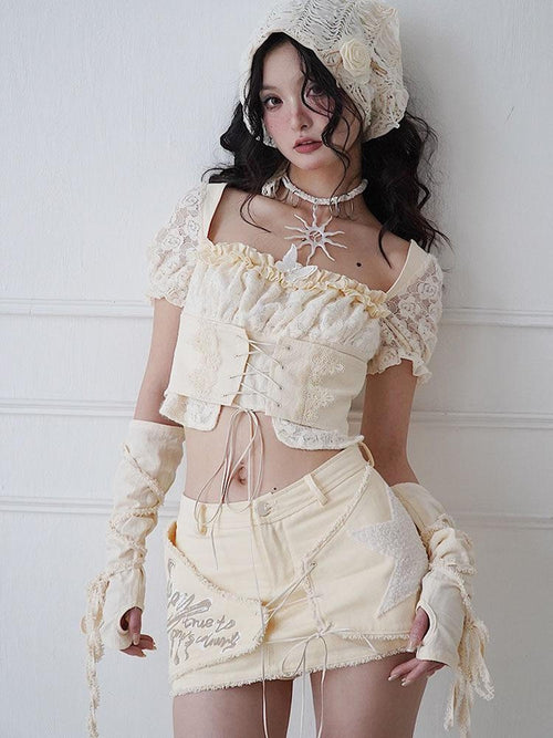 WSW Breathable Cotton Original Square Neck Short Sleeve Off White Crop Tops