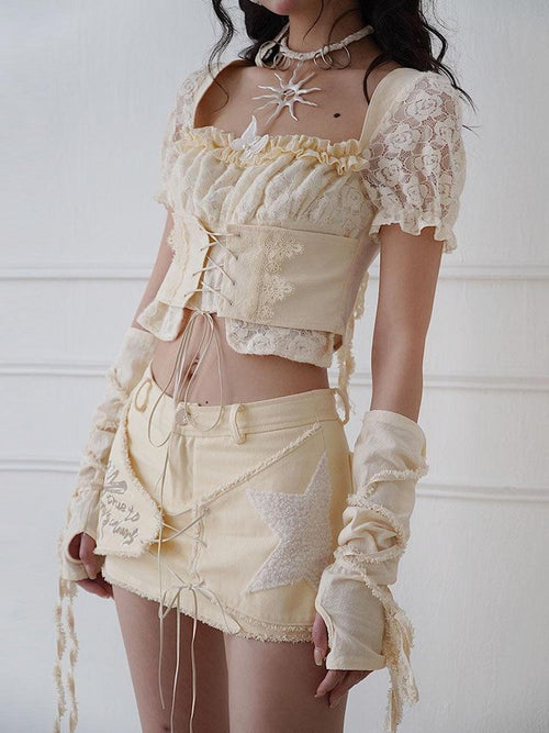 WSW Breathable Cotton Original Square Neck Short Sleeve Off White Crop Tops