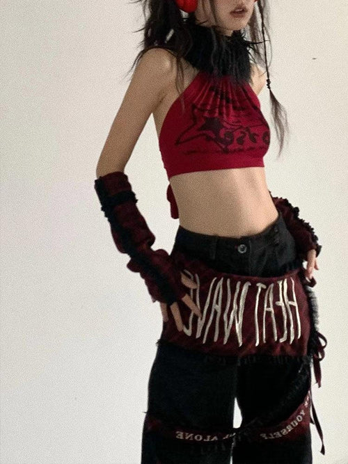 WSW Breathable Pure Cotton Halter Cropped Original Design Women Red Black Tank Tops