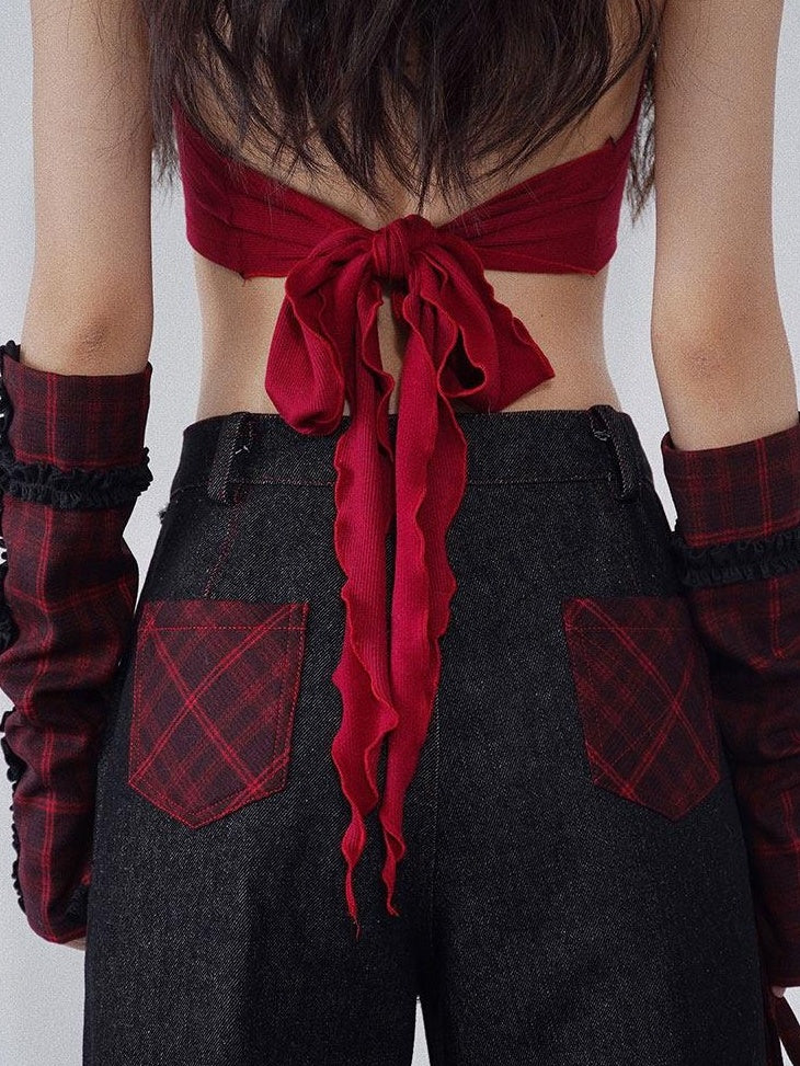 WSW Breathable Pure Cotton Halter Cropped Original Design Women Red Black Tank Tops