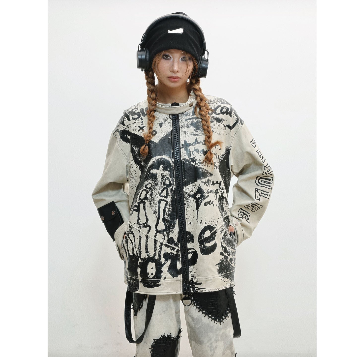 WSW_Distressed_Oversized_Street_Unisex_Grey_Zipper_Stand_Collar_Leather_Jackets_MISSTT