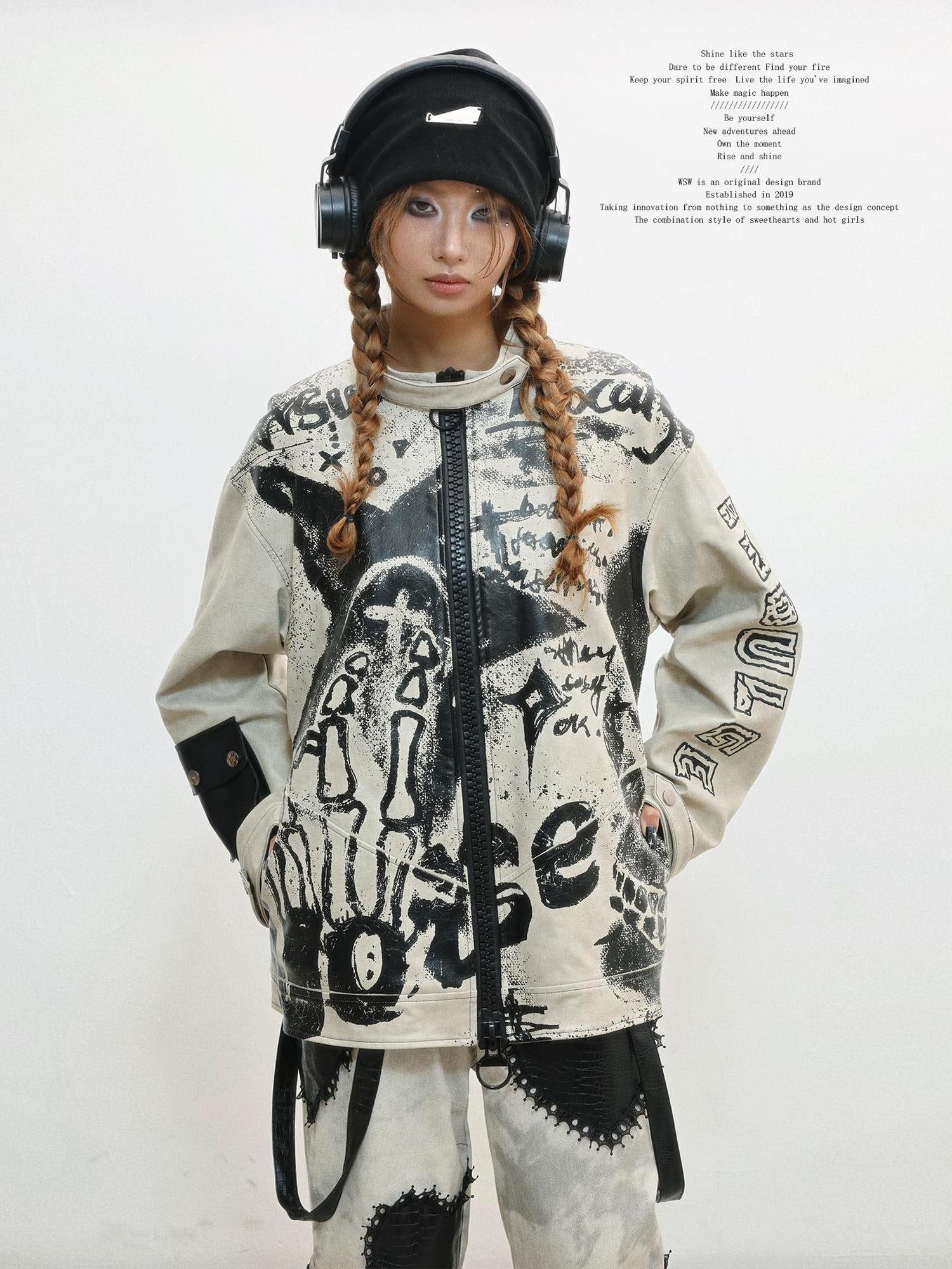WSW Distressed Oversized Street Unisex Grey Zipper Stand Collar Leather Jackets