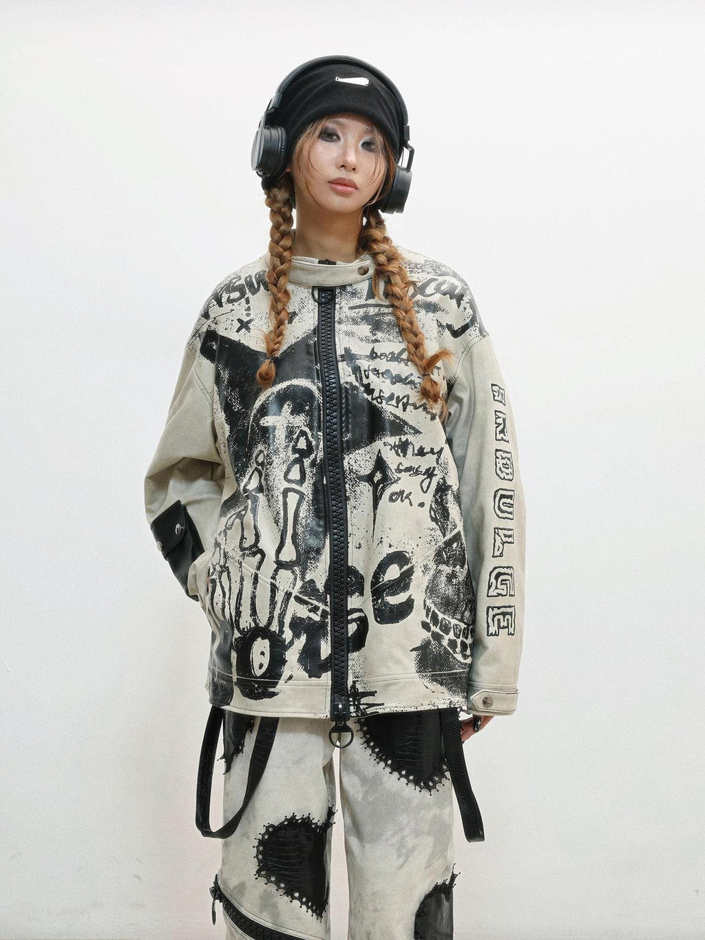 WSW Distressed Oversized Street Unisex Grey Zipper Stand Collar Leather Jackets