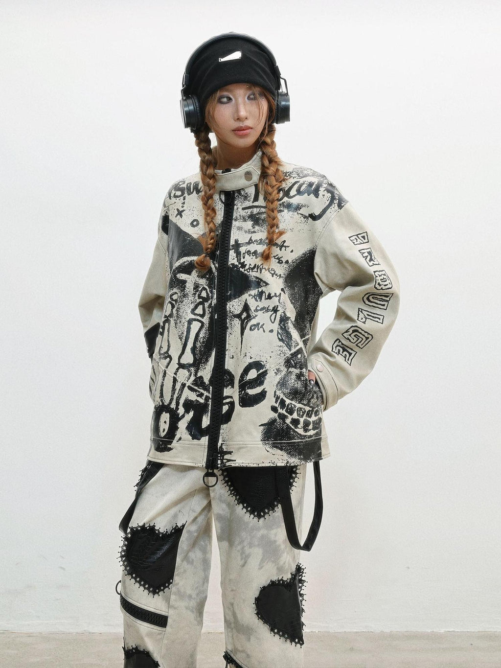 WSW Distressed Oversized Street Unisex Grey Zipper Stand Collar Leather Jackets
