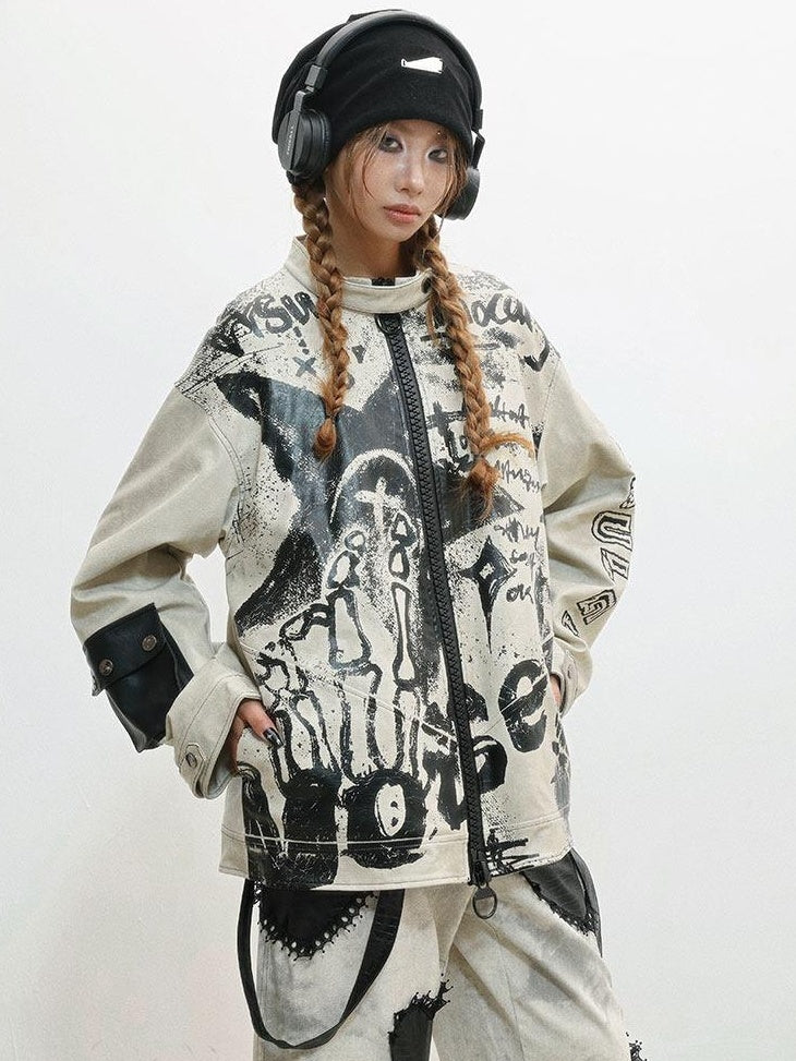 WSW Distressed Oversized Street Unisex Grey Zipper Stand Collar Leather Jackets