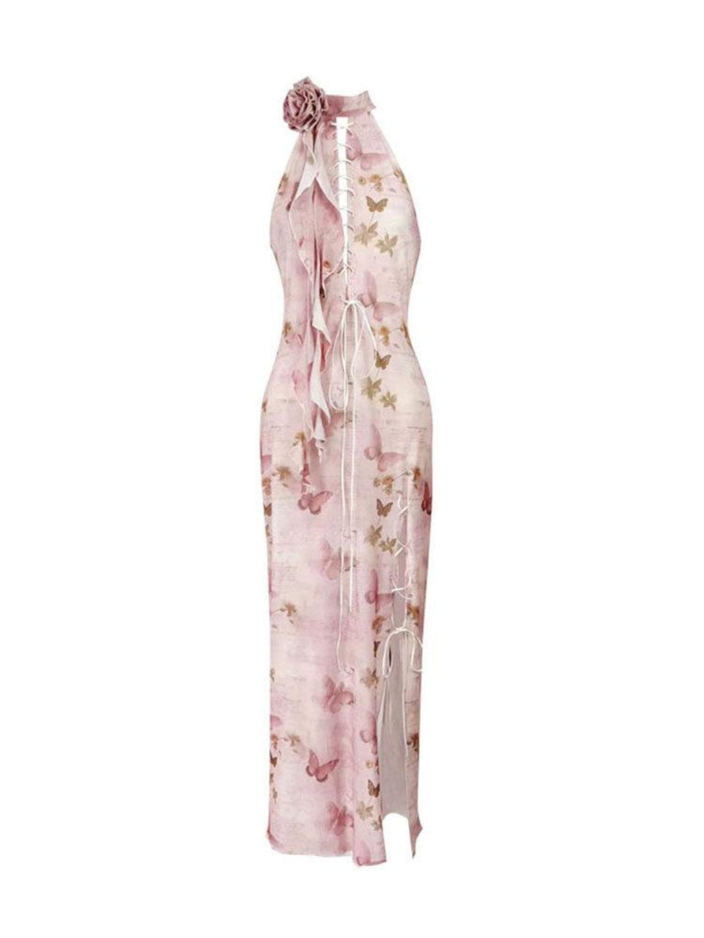WSW Elegant Halter Cheongsam Tie Sleeveless Mandala Women Citywalk Midi Dresses