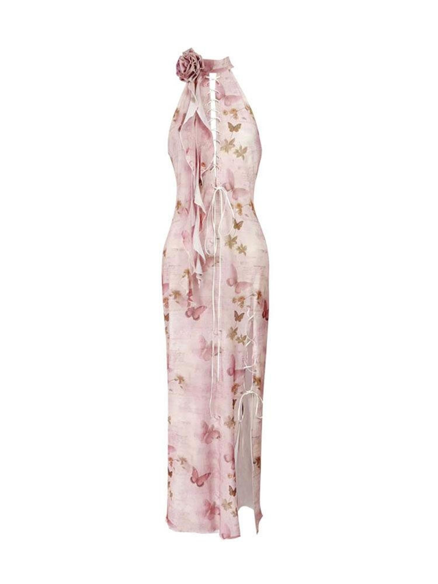 WSW Elegant Halter Cheongsam Tie Sleeveless Mandala Women Citywalk Midi Dresses
