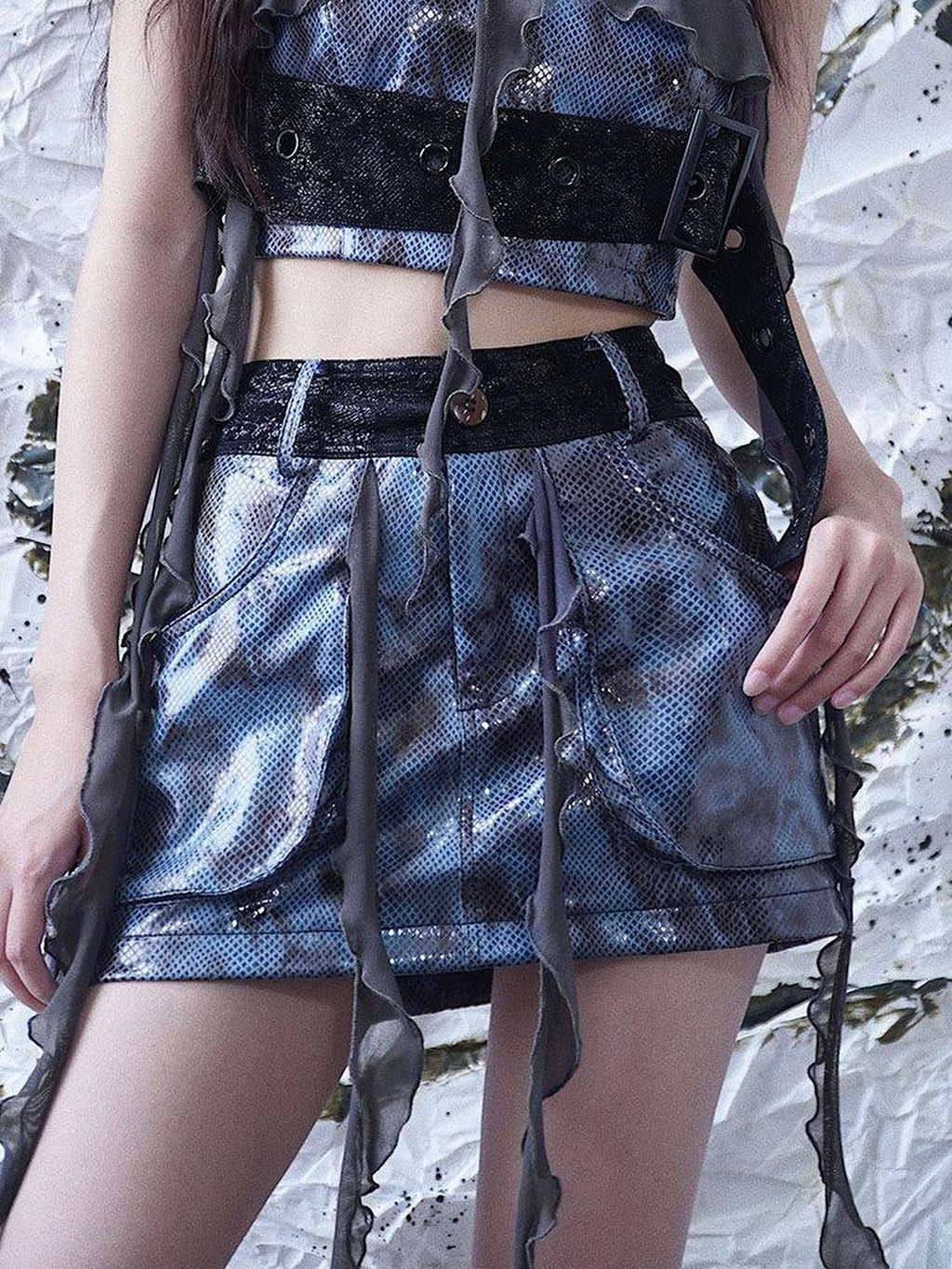 WSW Faux Leather Chic Slim Fit A Line Mid Waist Women Daily Date Navy Mini Skirts
