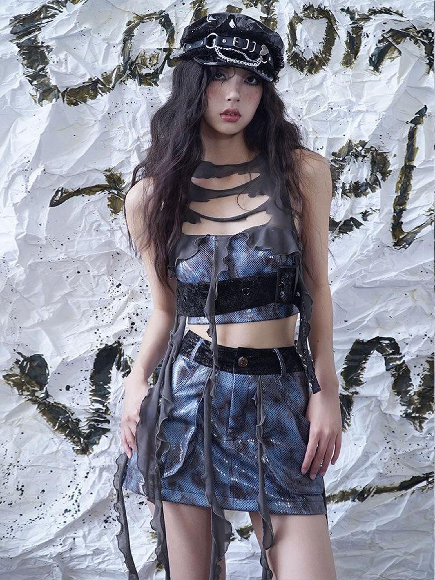 WSW Faux Leather Chic Slim Fit A Line Mid Waist Women Daily Date Navy Mini Skirts