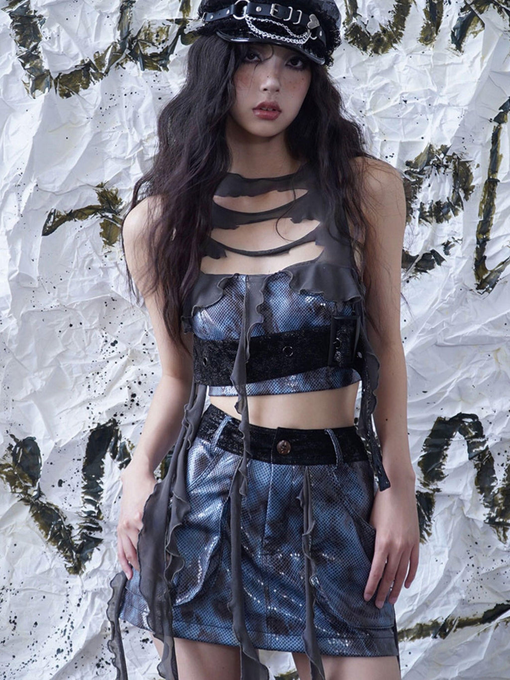 WSW Faux Leather Chic Slim Fit A Line Mid Waist Women Daily Date Navy Mini Skirts