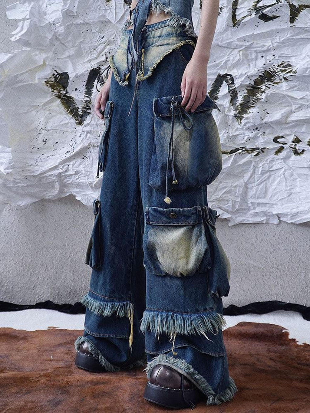 WSW High Rise Cargo Style Long Denim Blue Relaxed Fit Casual Wide-Leg Jeans